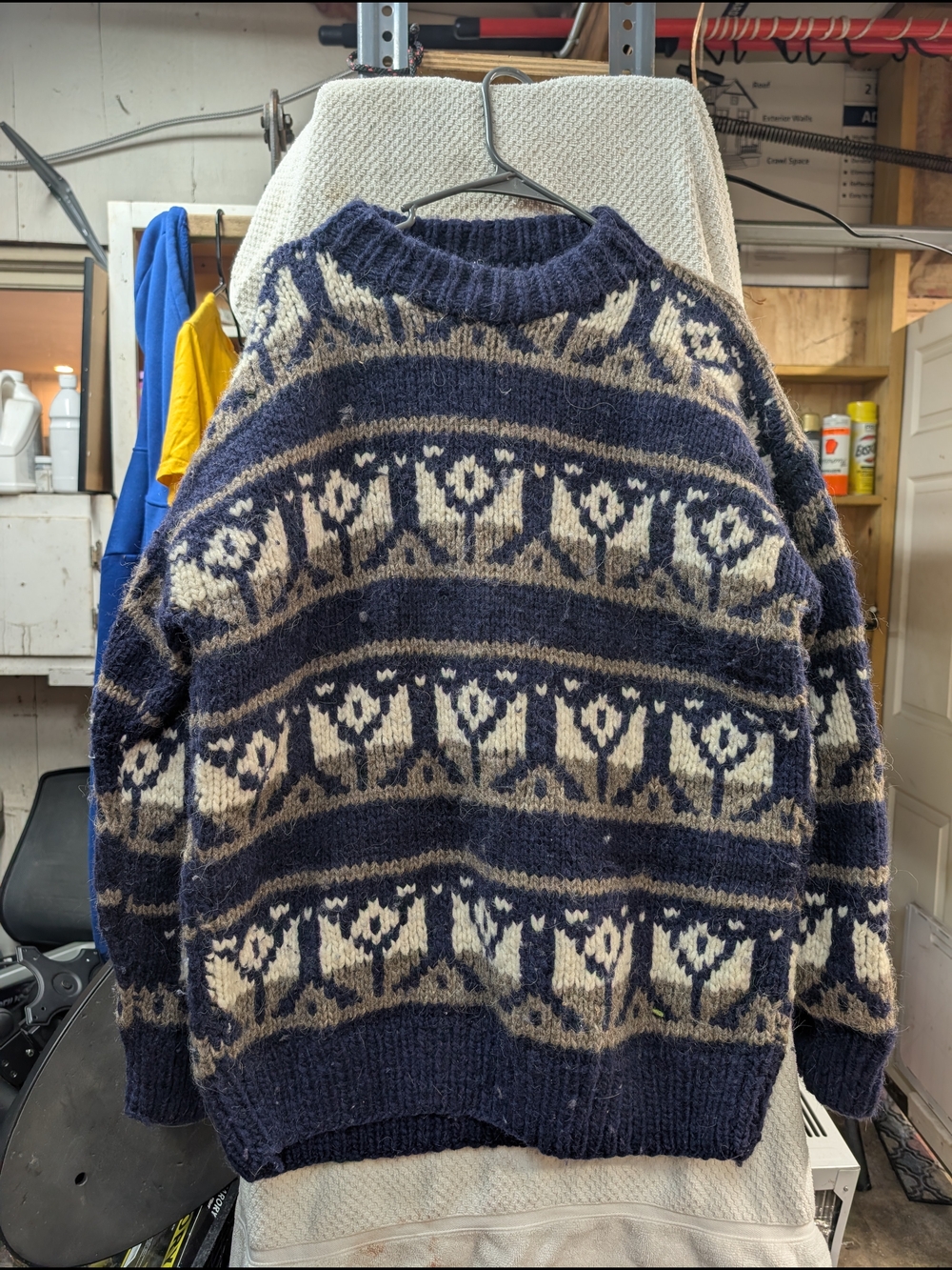 Women's Navy and Cream Patterned Crewneck Sweater